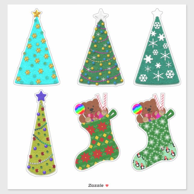 Sticker Whimsical Felt Look Christmas Trees & Stockings (Feuille)