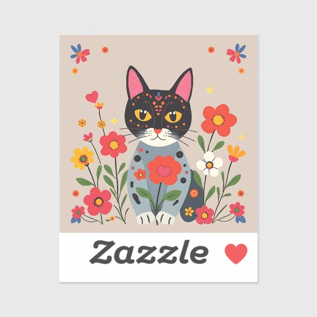 Sticker Whimsical Folk Art Chat noir et fleurs (Feuille)