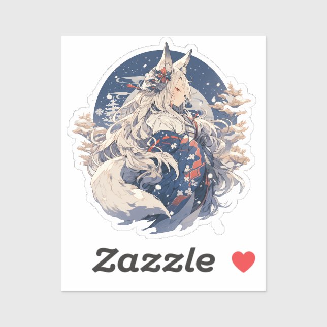 Sticker Winter Spirit Kitsune Girl - Snowy Yokai Art (Feuille)