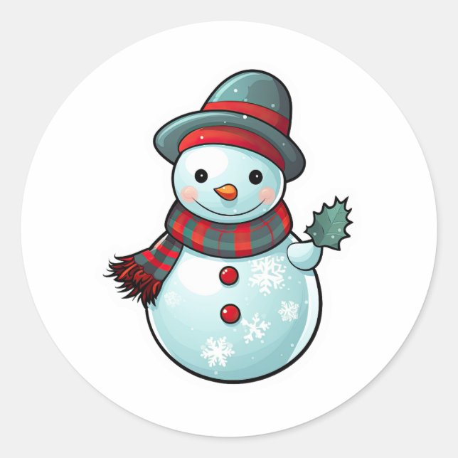 Sticker with a cute Snowman holding a leaf (Front)