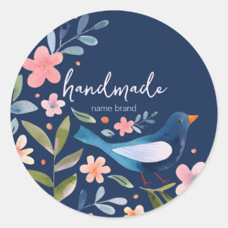 Sticker with birds and flowers on dark blue backgr