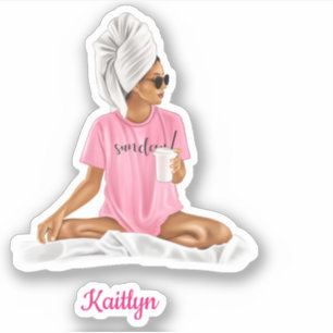Sticker Woman Pink Nightshirt Café Personnalisé Nom tendan