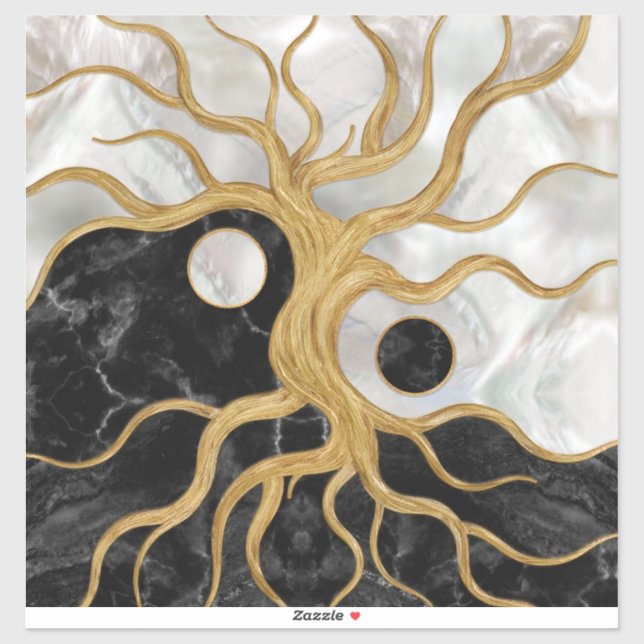 Sticker Yin Yang Arbre de vie - Marbres et or (Feuille)