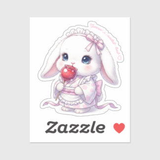Sticker Yukata Bunny with Apple Candy - Pink Pastel Ribbon