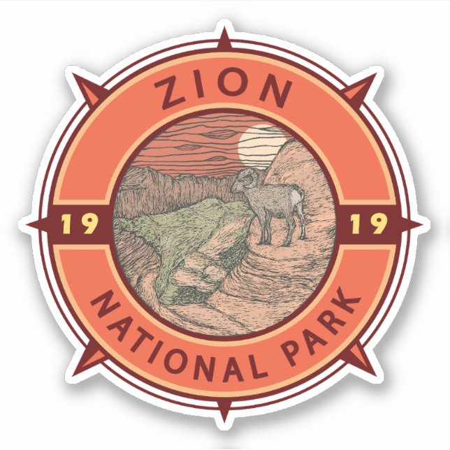 Sticker Zion National Park Bighorn Mouton Retro Compas (Devant)