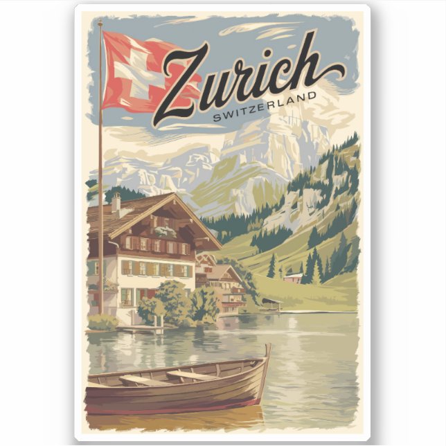 Sticker Zurich Suisse Art de Voyage peinture Vintage (Devant)
