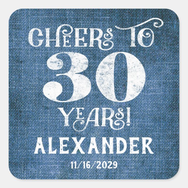 Stickers 30th Birthday Blue Linen Merci Favor (Devant)