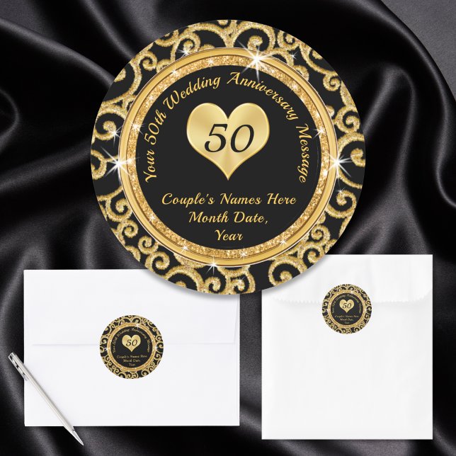 Stickers 50e anniversaire Black et Gold personnali (Black and Gold, 50th Anniversary Envelope Stickers. 50th anniversary favor bags, stickers. 50 year.)