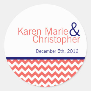 Stickers 6 - 3" Favoriser Coral Navy Blue Chevron 