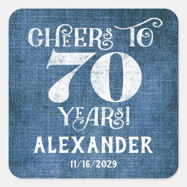 Stickers 70e Anniversaire Merci de lin bleu Favor (Devant)