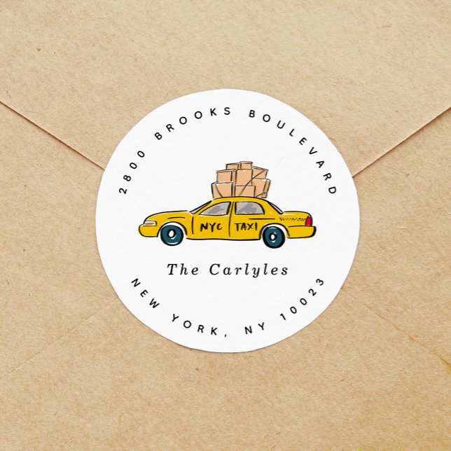 Stickers Adresse de retour de taxi Jaune NYC (New York City taxi moving announcement return address label round sticker.)