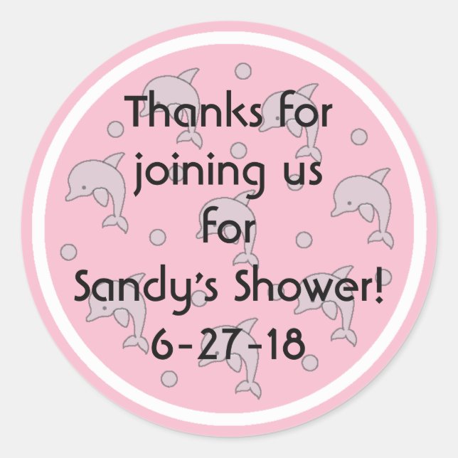 Stickers baby shower "Dolphins/Rose" 1 1/2" ou 3" (Devant)