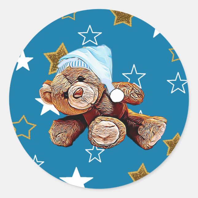 Stickers Baby shower Teddy Bear Blue Stars (Devant)