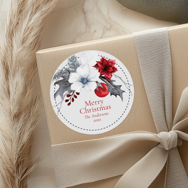 Stickers Cadeau de Noël Red Off-White Foliage (Red Off-White Foliage Christmas Gift Stickers on a beige gift box.)