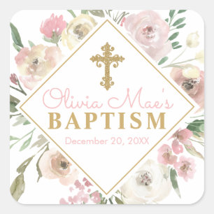 Stickers Carré Baptême Fille Rose Blooms