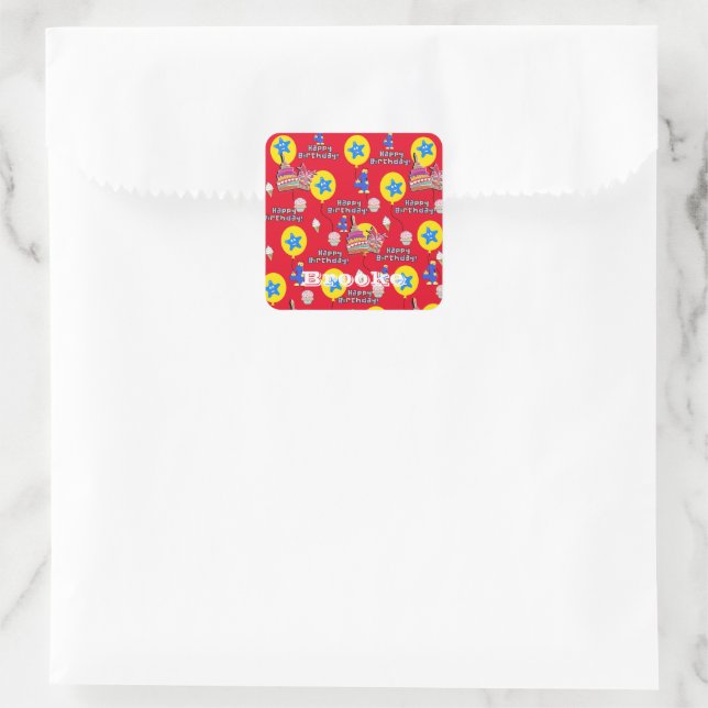 Stickers carrés, Joyeux 4e anniversaire rouge (Sac)