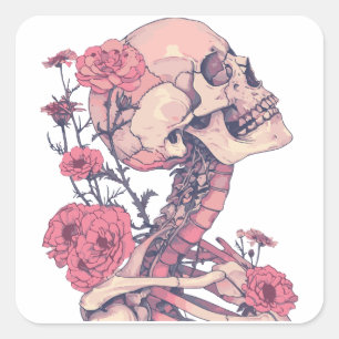 Stickers carrés. Squelette avec fleurs. Couleur ro