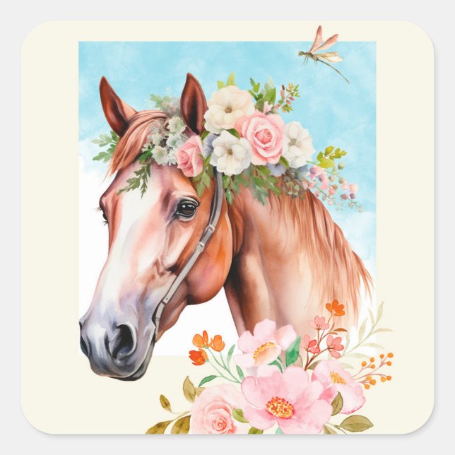 Stickers Cheval Aquarelle et Fleurs (Devant)