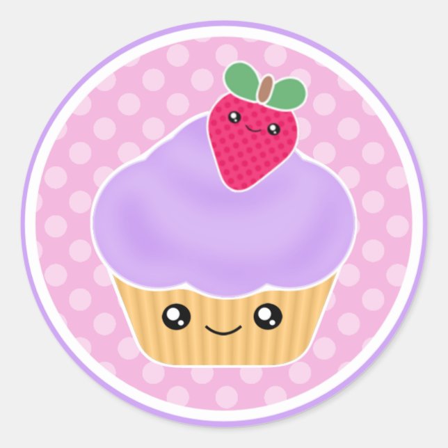 Stickers Cupcake Kawaii fraise violet (Devant)