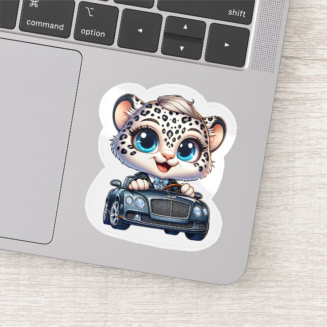 Stickers Cute Kawaii Snow Leopard Big Cat Driving  (Detail)