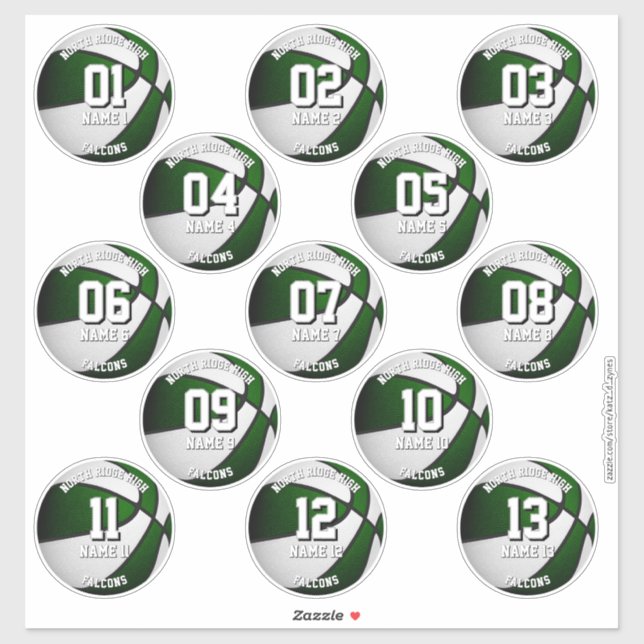 stickers de basket blanc vert pour 13 athlètes (Feuille)