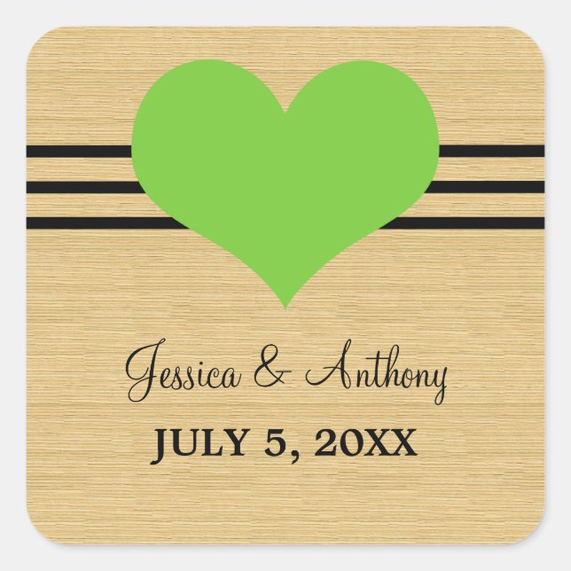 Stickers de mariage coeur à grain de bois, vert (Devant)