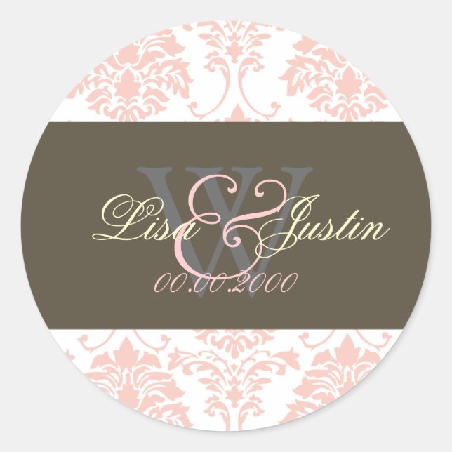 stickers de mariage monogramme rose Damask (Devant)