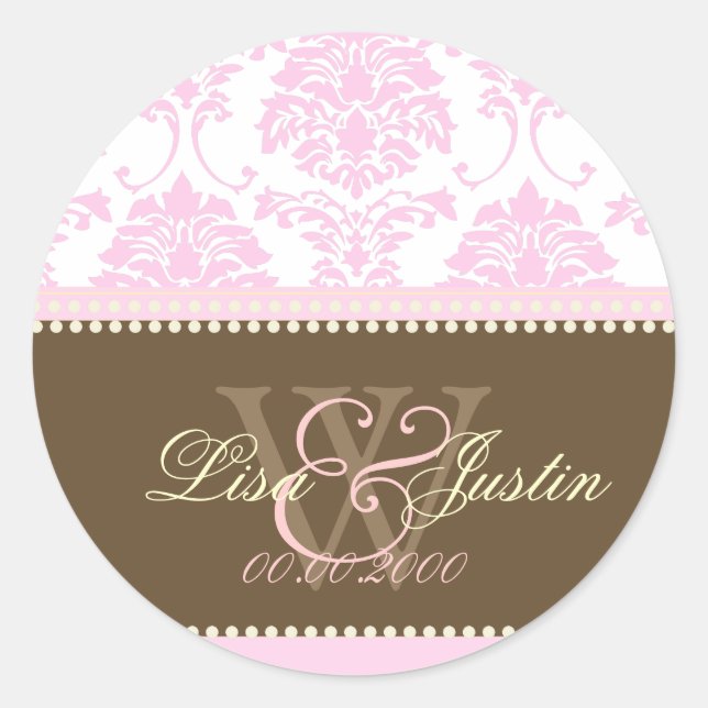stickers de mariage monogramme rose Damask (Devant)
