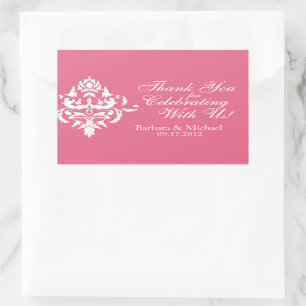 Stickers de mariage rose avec blanc Damas rectangl