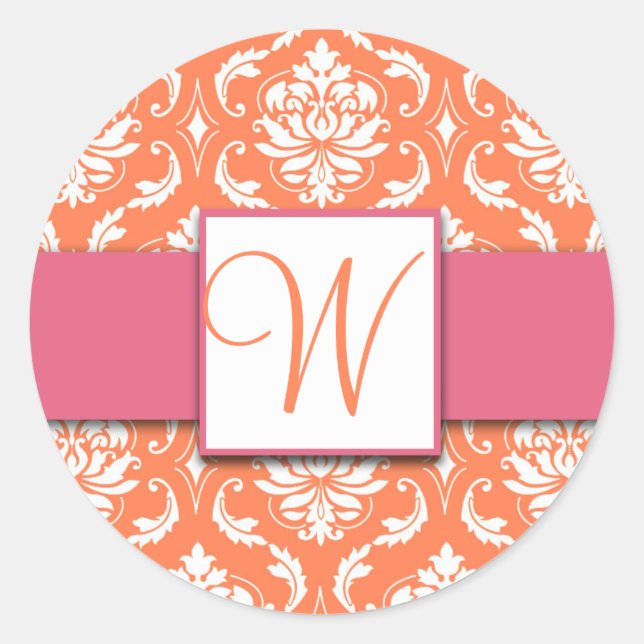 Stickers de mariage rose orange Monogramme Damas (Devant)