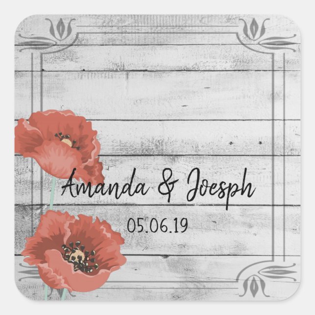 Stickers de mariage rustique blanc bois pavot (Devant)
