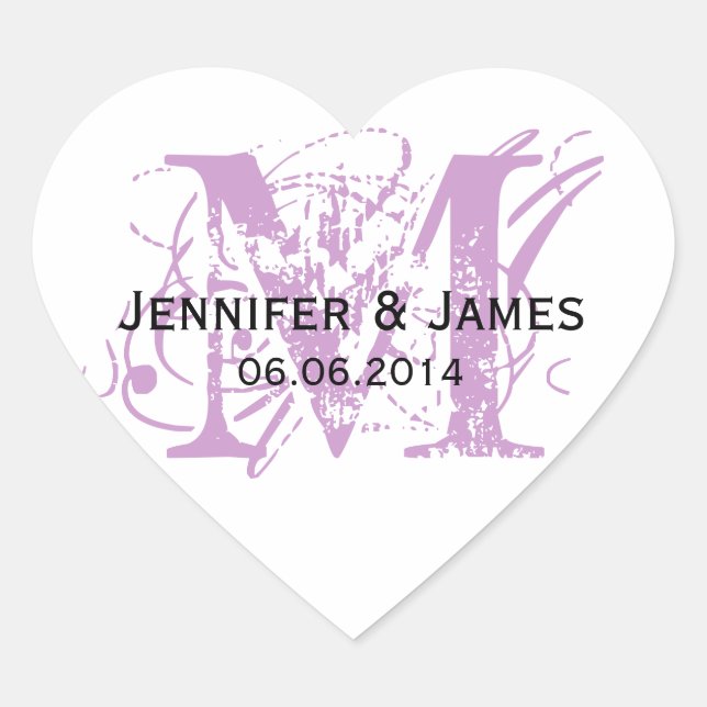 Stickers de mariage violet Monogramme Forme cardia (Devant)