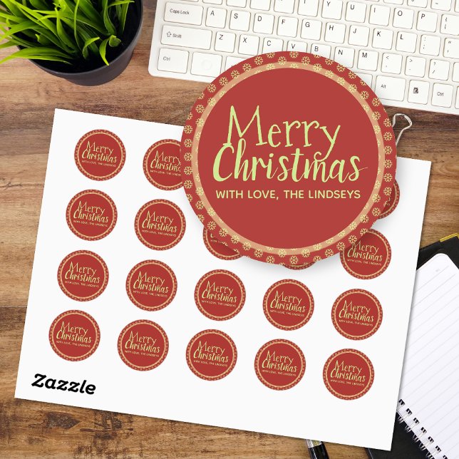 Stickers de Noël personnalisés, Snowflakes Rouge (Merry Christmas red custom text stickers)