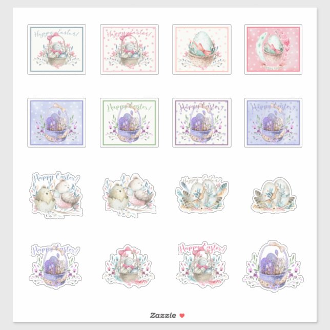 Stickers de Pâques Bunnies et paniers mignons (Feuille)
