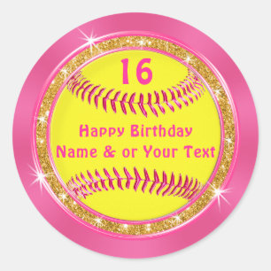 Stickers de softball d'anniversaire rose et or