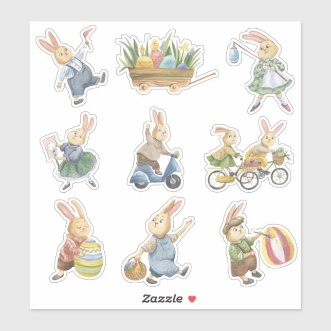 Stickers de vinyle de Pâques lapins et oeufs (Feuille)