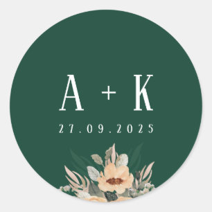 Stickers, Elegant floral dark green monogram Classic Round Sticker
