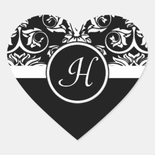 Stickers en noir et blanc Monogramme Heart Damask
