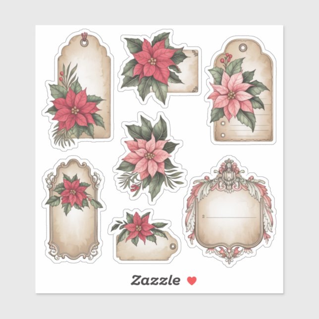 Stickers Ephémère de Noël Poinsettia vintage (Feuille)