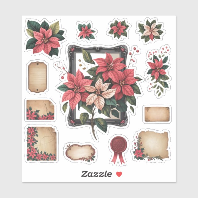 Stickers Ephémère Vintage de Noël Poinsettia (Feuille)