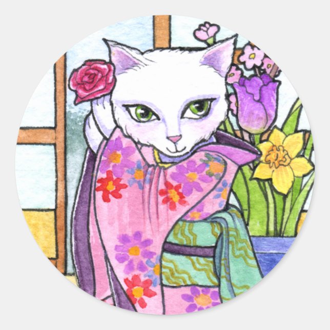 Stickers Geisha Asian Cat Fantasy by Ann Howard (Front)