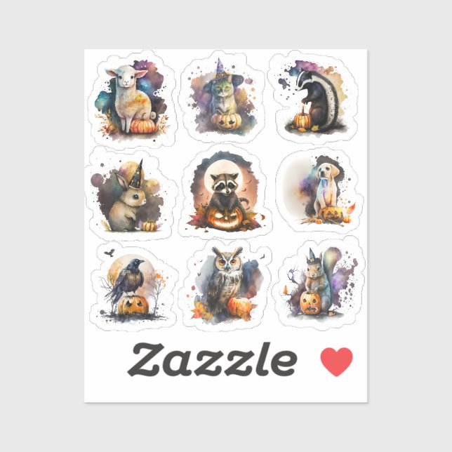 Stickers Halloween - Cute Aquarelle Animaux (Feuille)