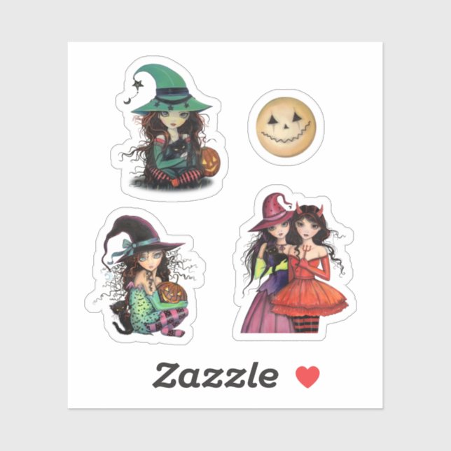 Stickers Halloween mignonette Devil sorcière lune  (Feuille)