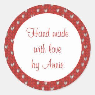 Stickers HEART KNIT 1.5" ronds "Hand Made"