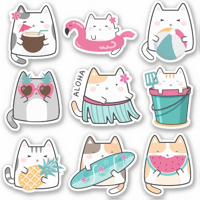 Stickers Kawaii Summer Hawaii Kitty Vinyl (Devant)