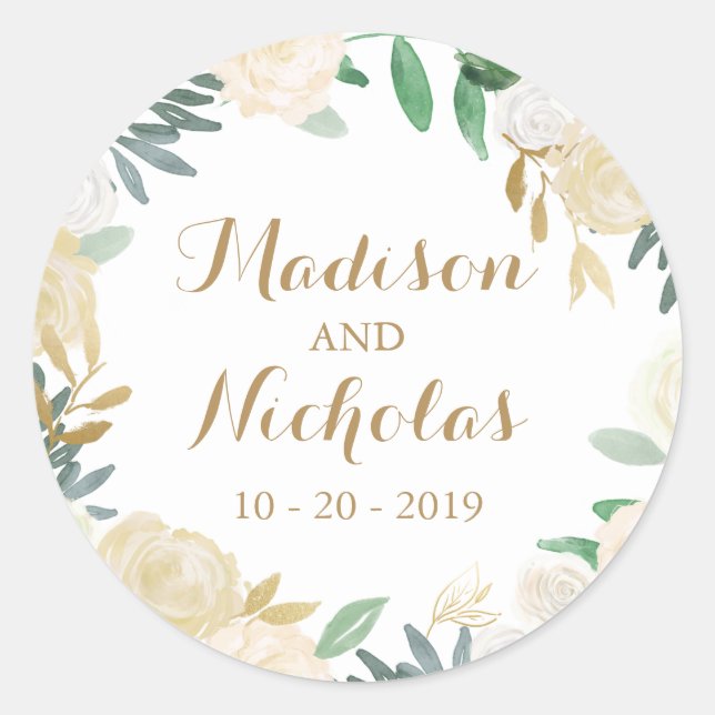 Stickers Mariage à enveloppe à fleurs blanches or (Devant)