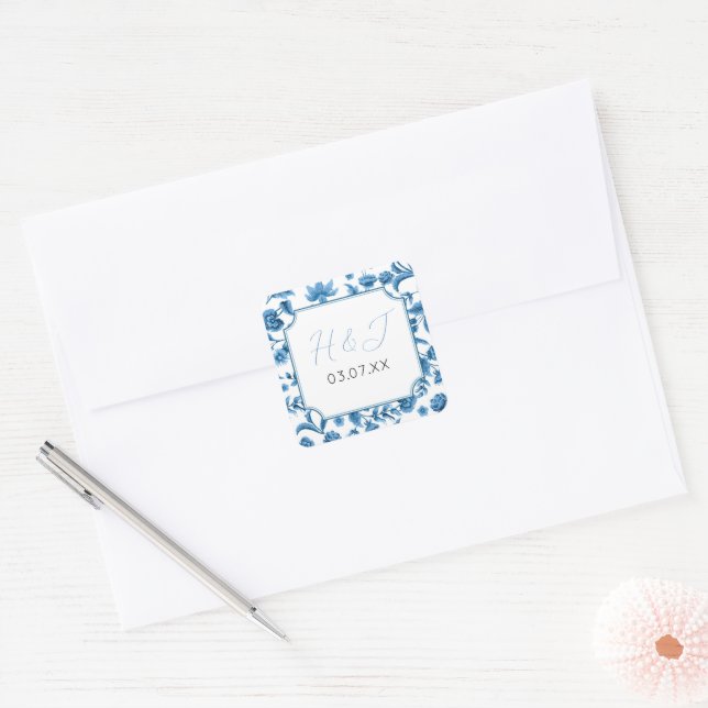 Stickers Mariage Chintz Bleu & Blanc Floral Ditsy (Enveloppe)