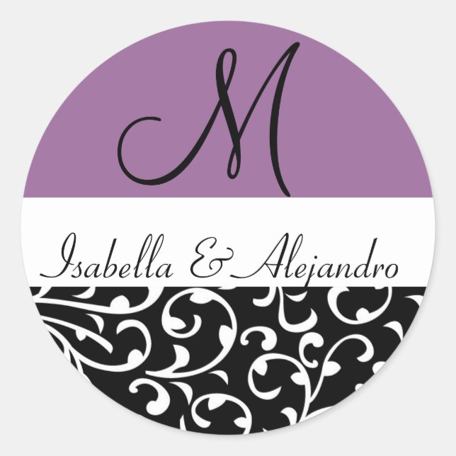 Stickers Mariage Monogramme Purple Swirl Damask (Devant)