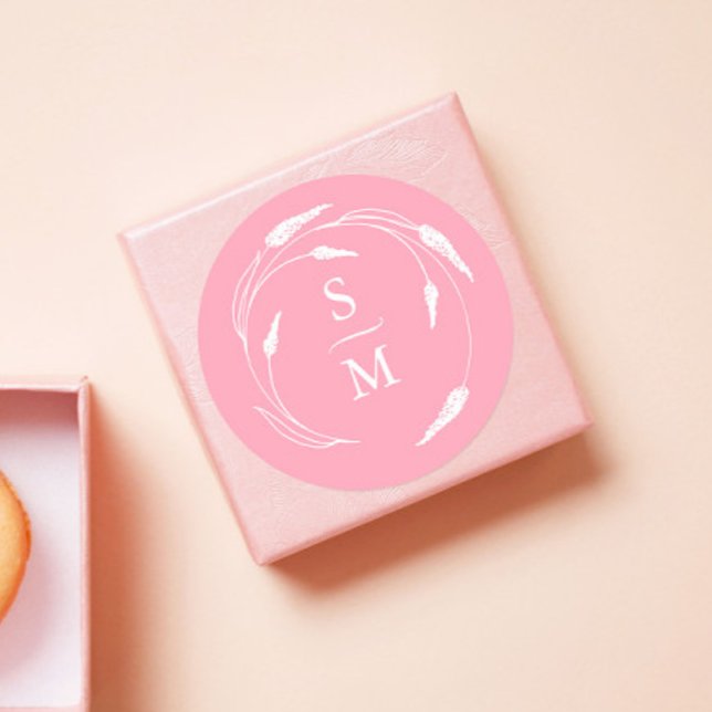 Stickers Mariage Monogramme rose (Wedding favor stickers monogram pink floral line art by  Victoria Grigaliunas of Do Tell A Belle)