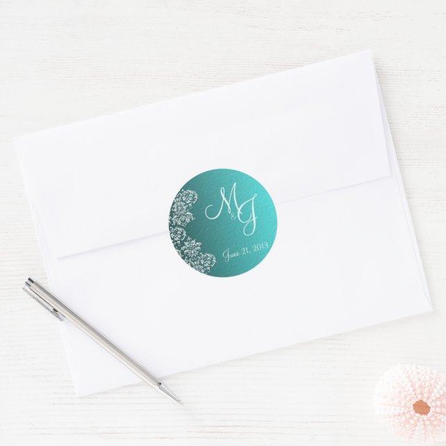 Stickers Mariages ronds Damask Turquoise (Enveloppe)